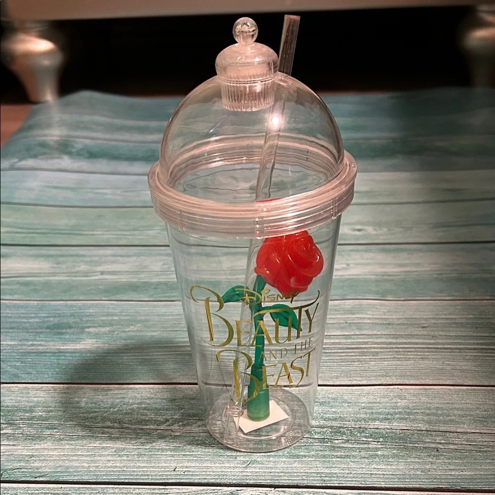 Disney Beauty and the Beast Clear Cup with Red Rose